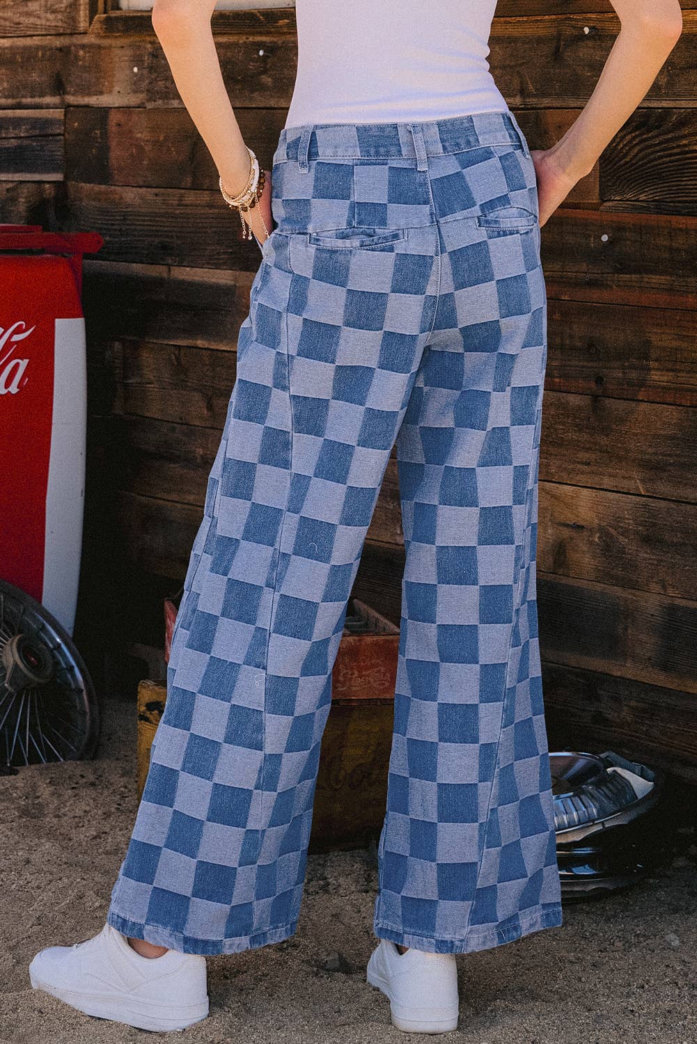 Fashion-W Checkered Denim Wide Leg Jeans