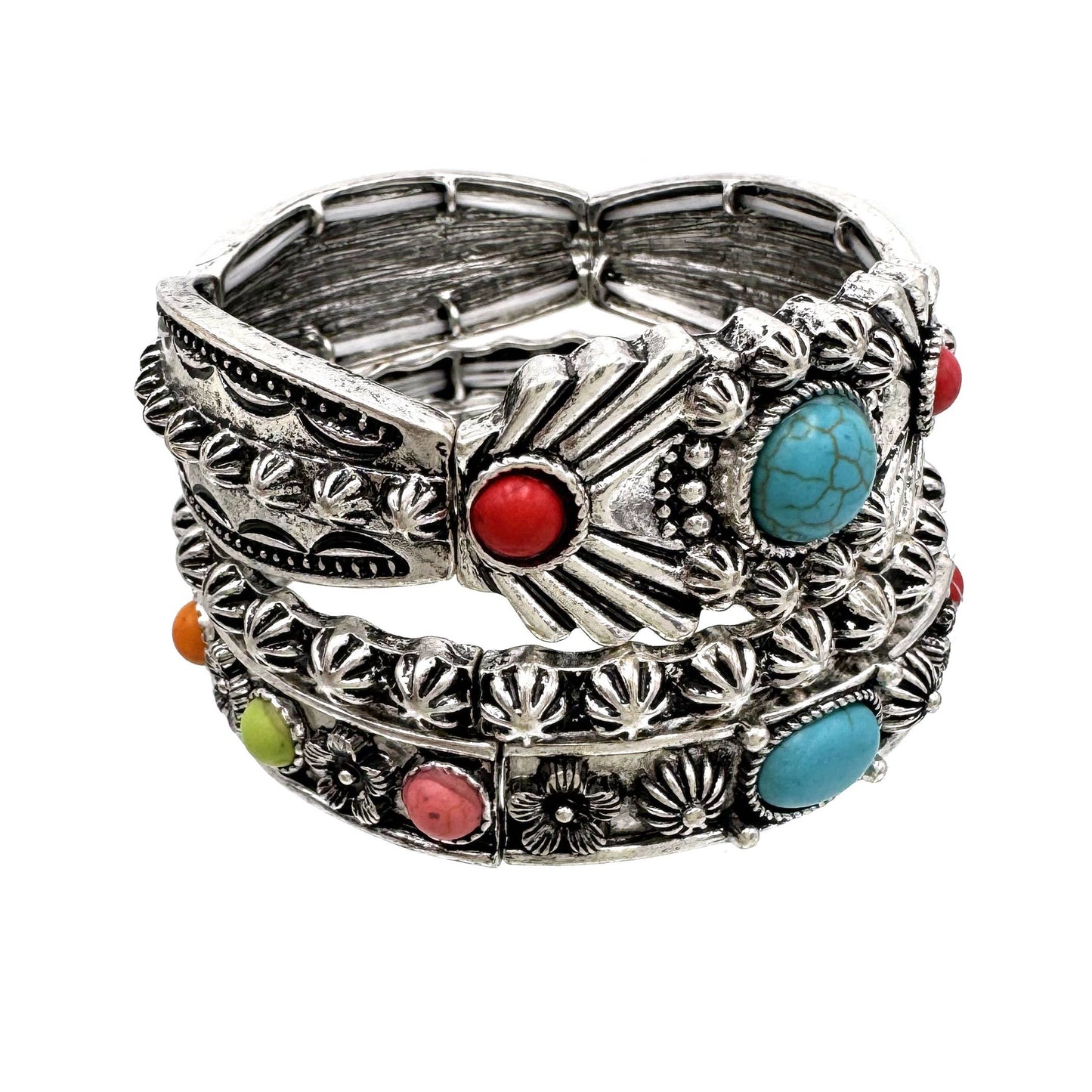 Turquoise Flower Three Piece Western Chunky Stretch Bracelet: Turquoise