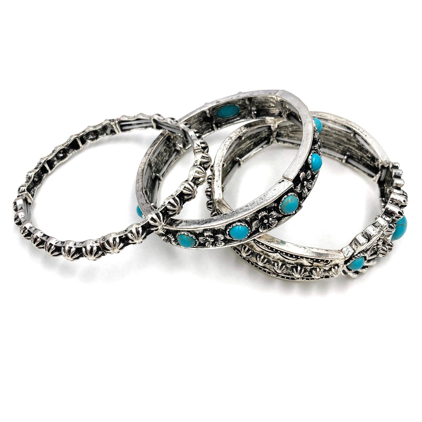 Turquoise Flower Three Piece Western Chunky Stretch Bracelet: Multi-Colored