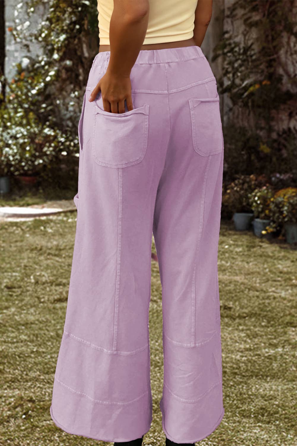 Fashion-W Mineral Wash Exposed Seam Drawstring Cargo Pants: Pink / Missy / M