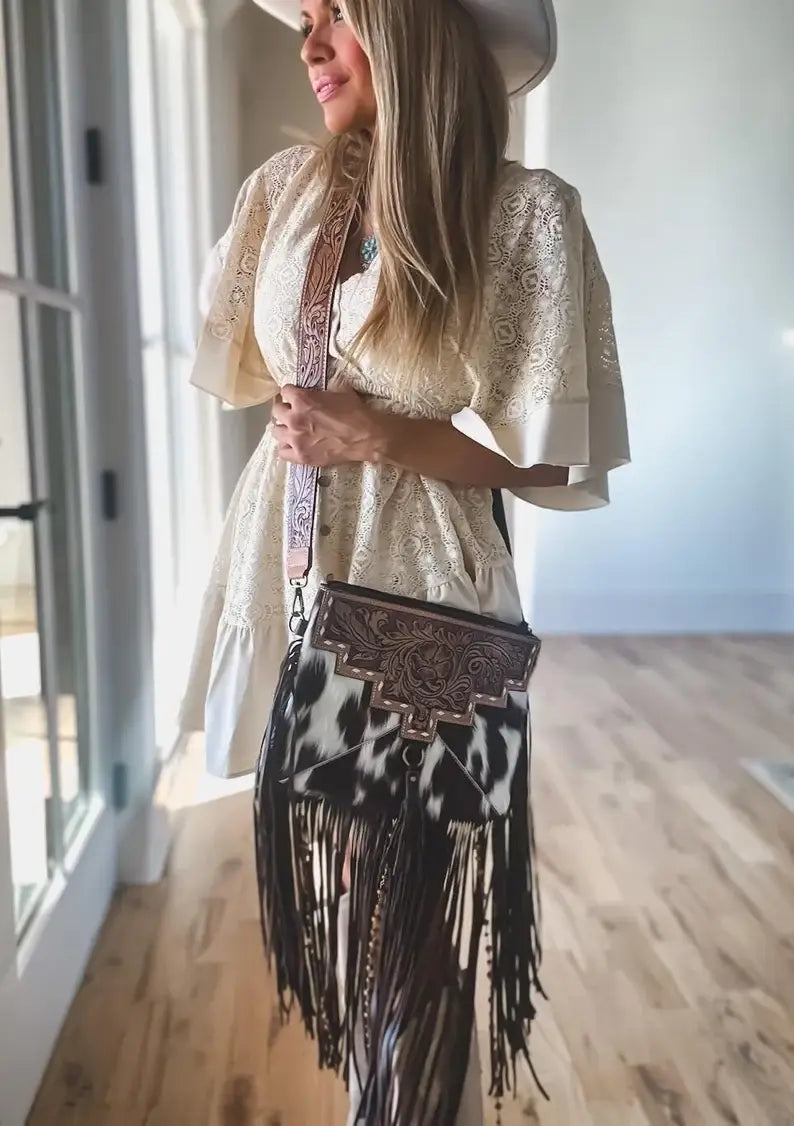DIXIE CROSSBODY cowhide Western Tooled Leather fringe purse: TAN + WHITE COWHIDE