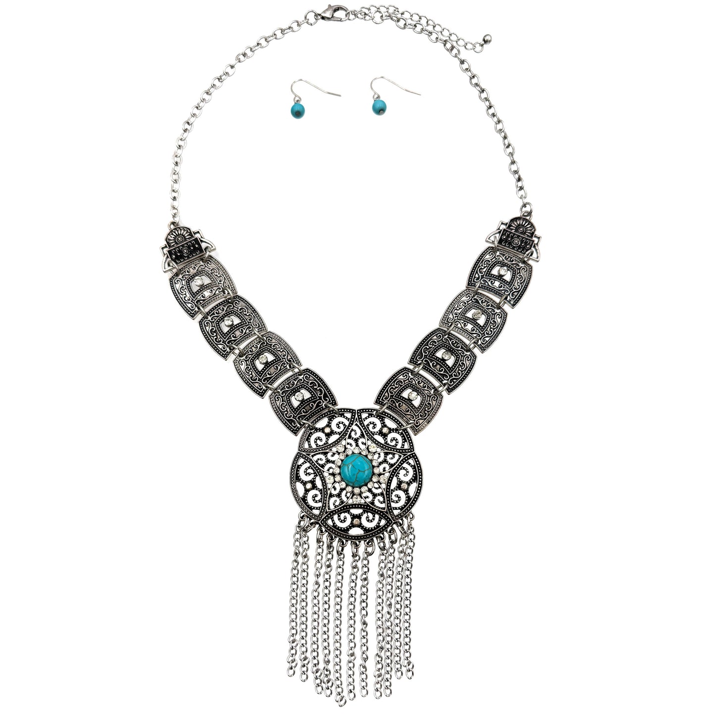 Silver Concho Chain Turquoise Cabochon Necklace Set