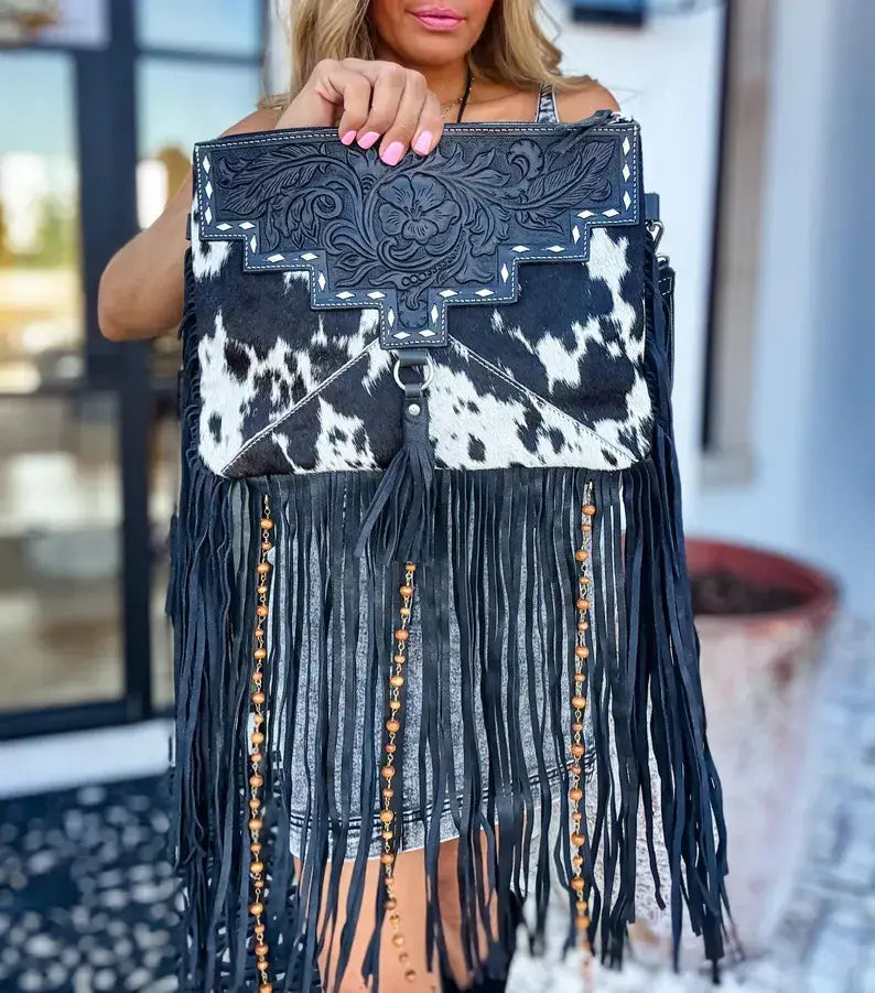 DIXIE CROSSBODY cowhide Western Tooled Leather fringe purse: TAN + WHITE COWHIDE