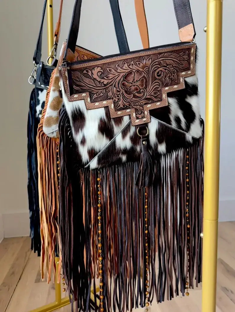 DIXIE CROSSBODY cowhide Western Tooled Leather fringe purse: TAN + WHITE COWHIDE