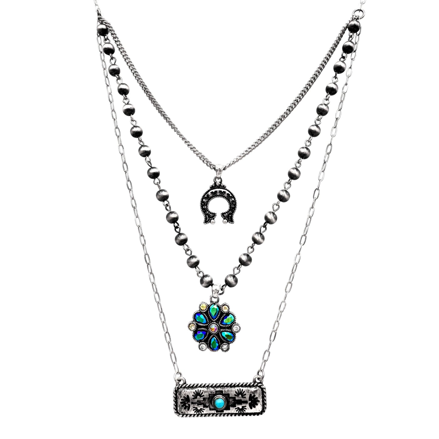 Aztec Horseshoe Flower Three Piece Necklace: Silver