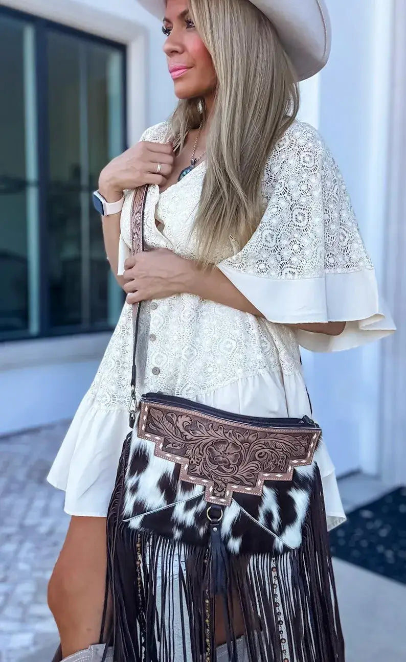 DIXIE CROSSBODY cowhide Western Tooled Leather fringe purse: TAN + WHITE COWHIDE