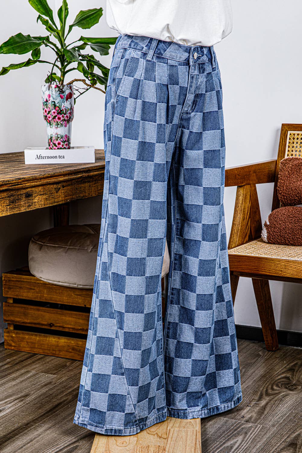 Fashion-W Checkered Denim Wide Leg Jeans