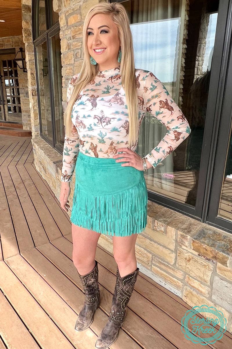 FORT WORTH FRINGE SKIRT TURQUOISE: L
