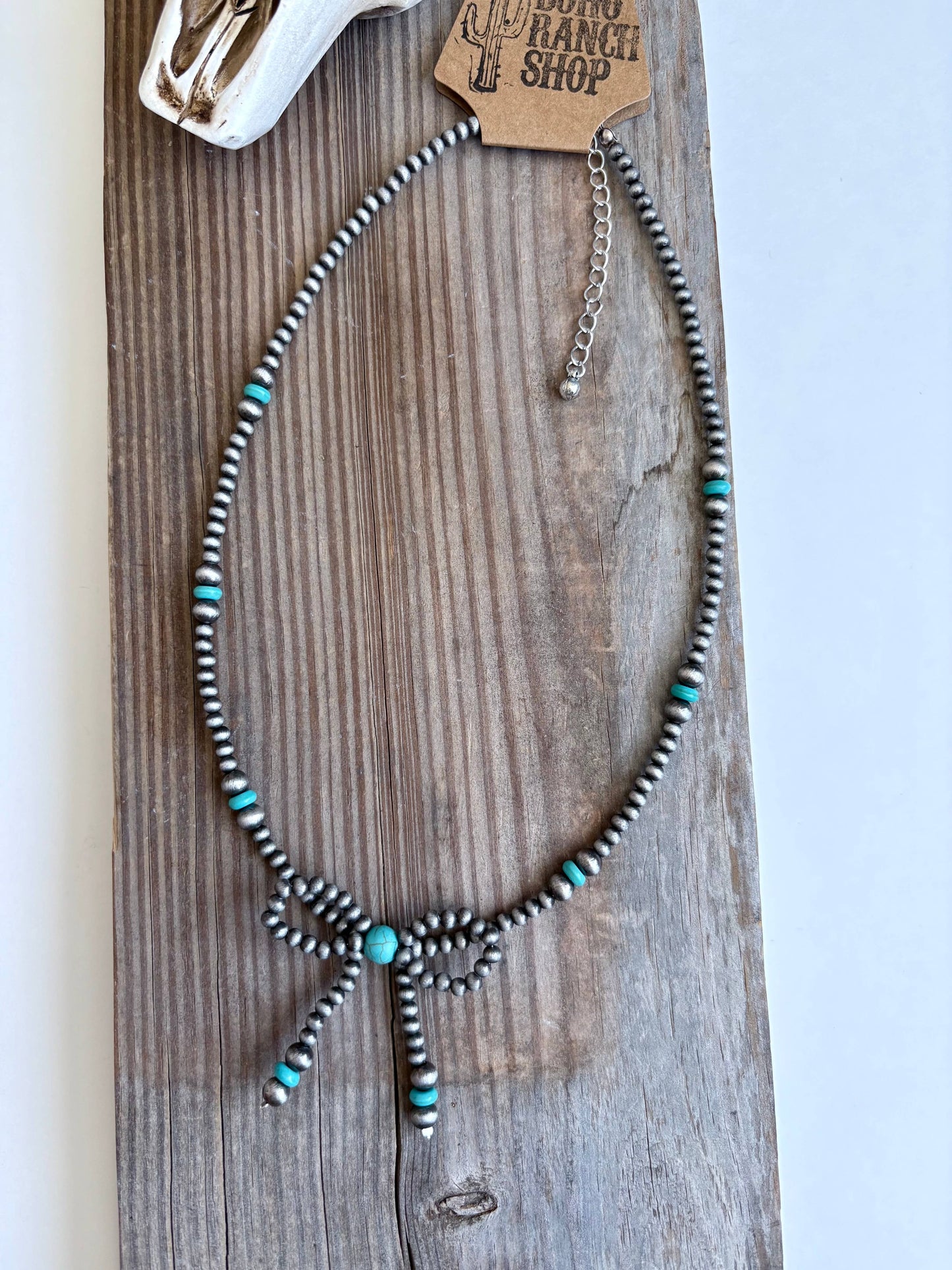 Western Navajo Style Bead Coquette Bow Necklace: TURQUOISE