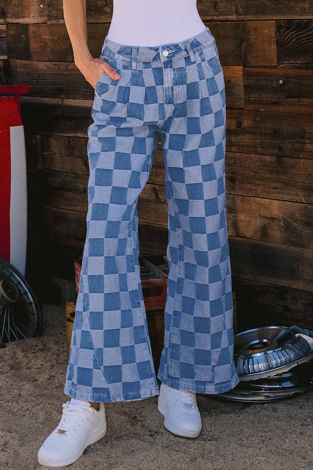 Fashion-W Checkered Denim Wide Leg Jeans