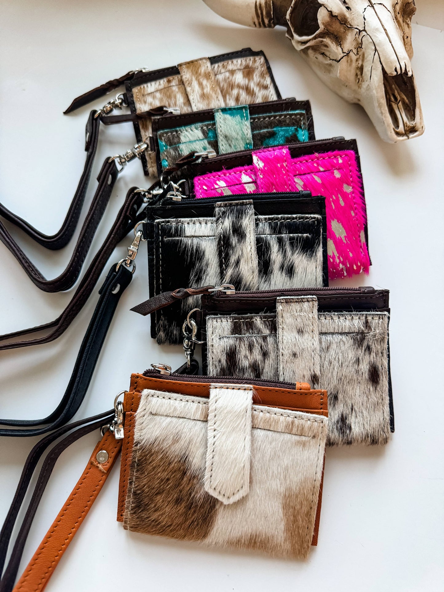 Western Cowhide Leather Wristlet Wallet Money Coins: 3 - BROWN + WHITE COWHIDE