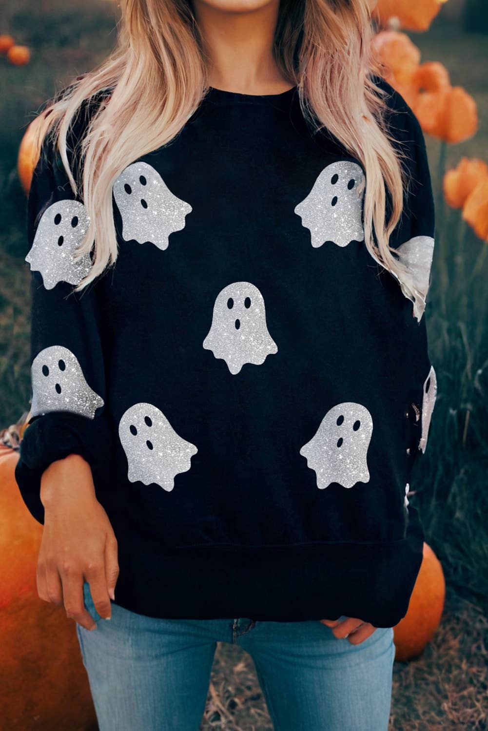 Fall Glitter Ghost Print Crew Neck Halloween Sweatshirt: As shown / Missy