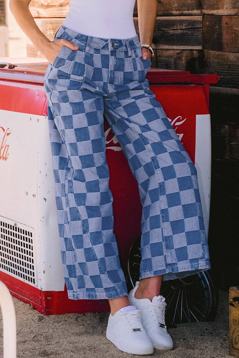 Fashion-W Checkered Denim Wide Leg Jeans