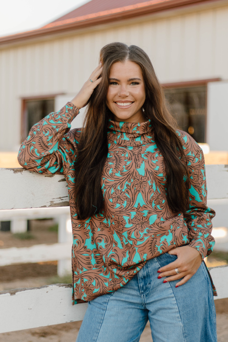 Turquoise Tooled mock neck: M