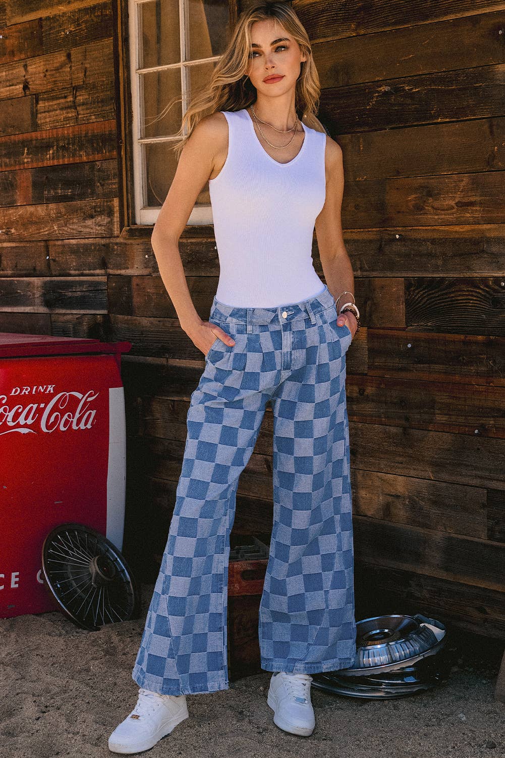 Fashion-W Checkered Denim Wide Leg Jeans
