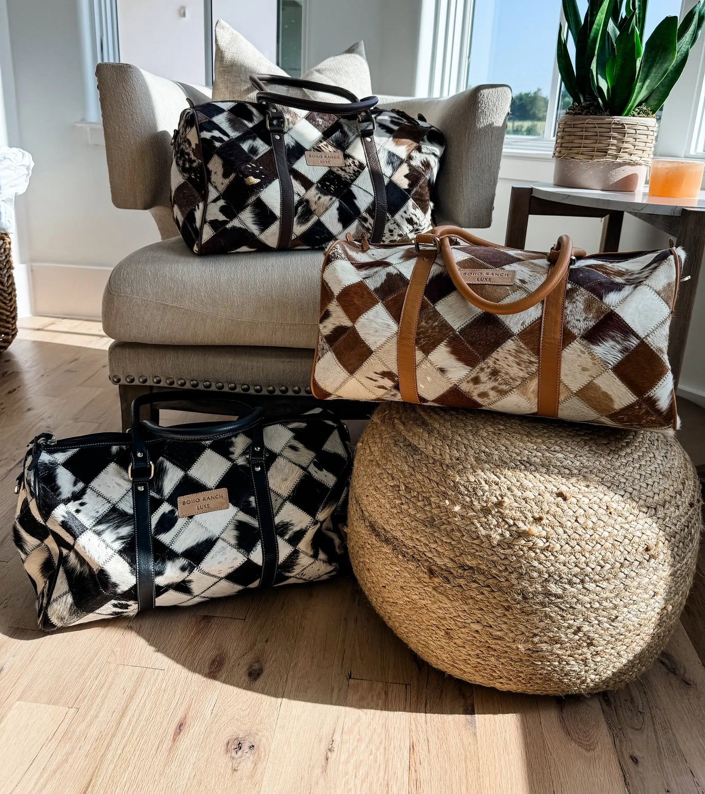 BOHO LUXE DUFFLE Weekender Leather HairOn Cowhide Travel Bag: Brown +White Cowhide