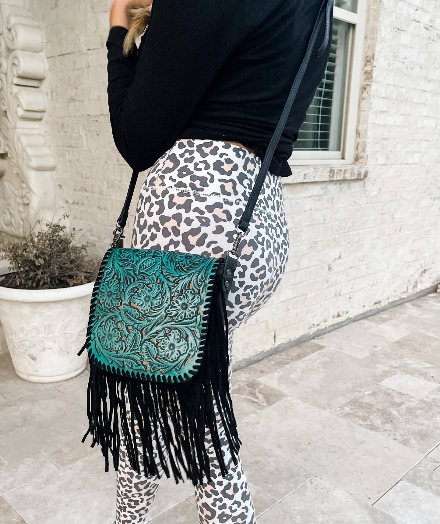THE LEXIE CROSSBODY - TURQUOISE/ BLACK - Laser Cut Purse: MEDIUM