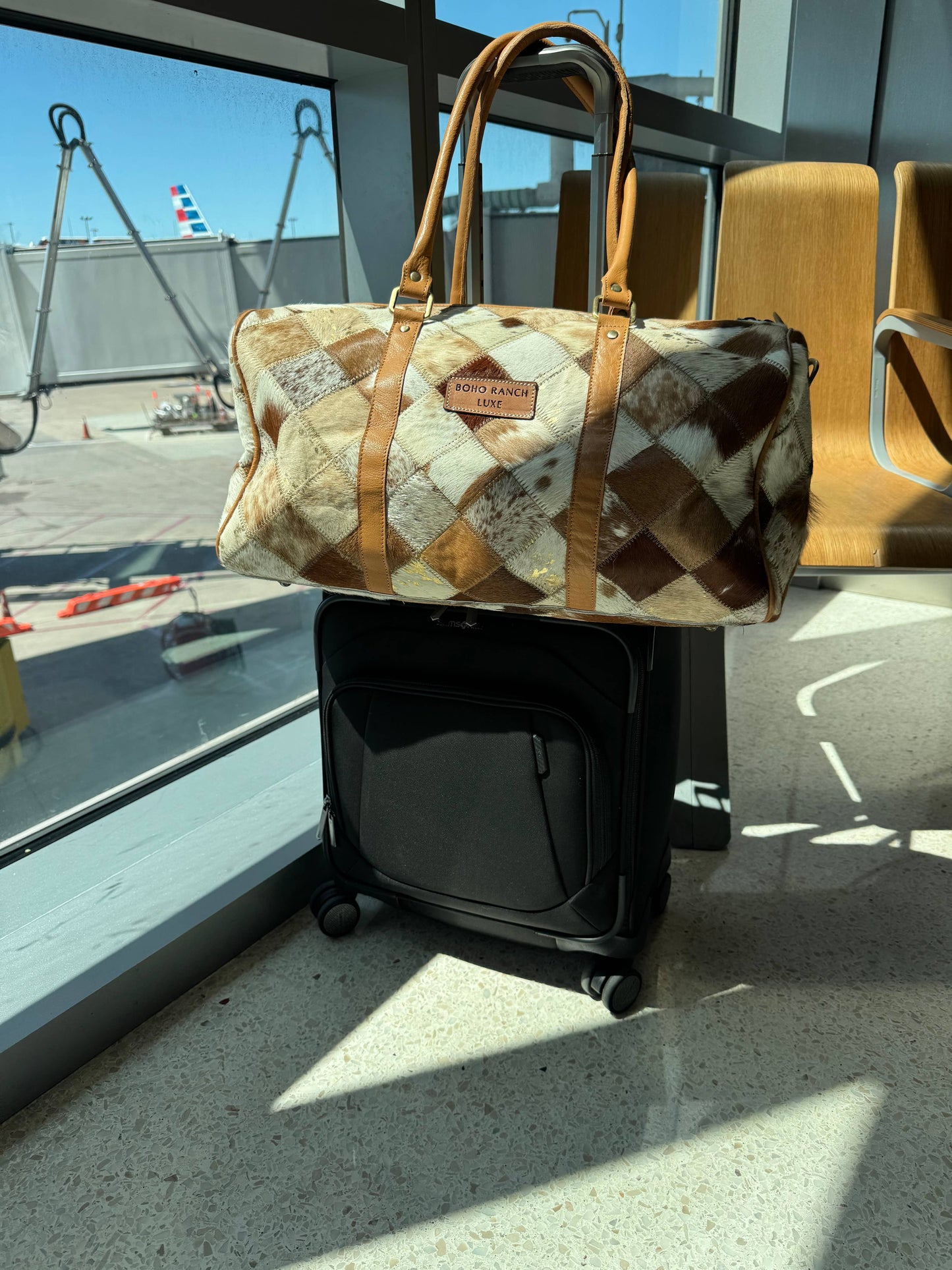 BOHO LUXE DUFFLE Weekender Leather HairOn Cowhide Travel Bag: Brown +White Cowhide