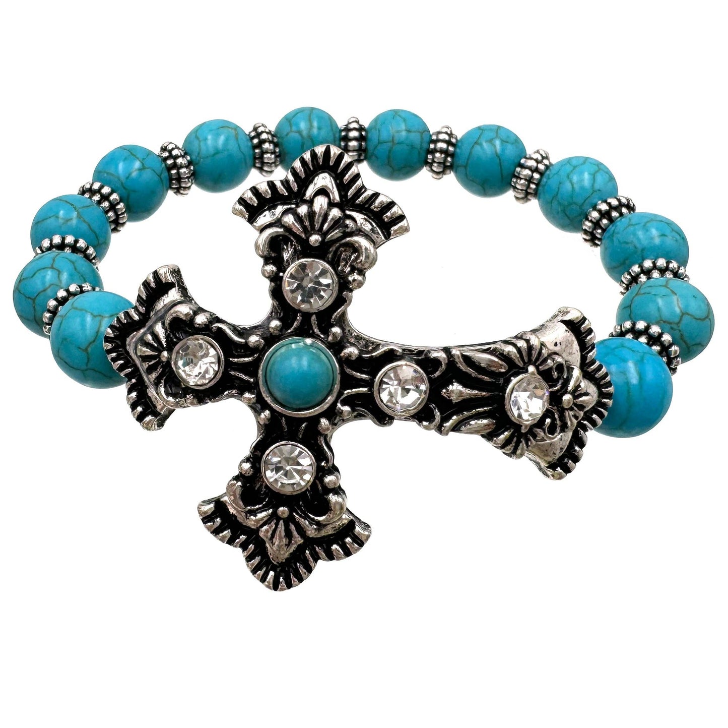 Roman Cross Turquoise Beads Stretch Bracelet: Gold