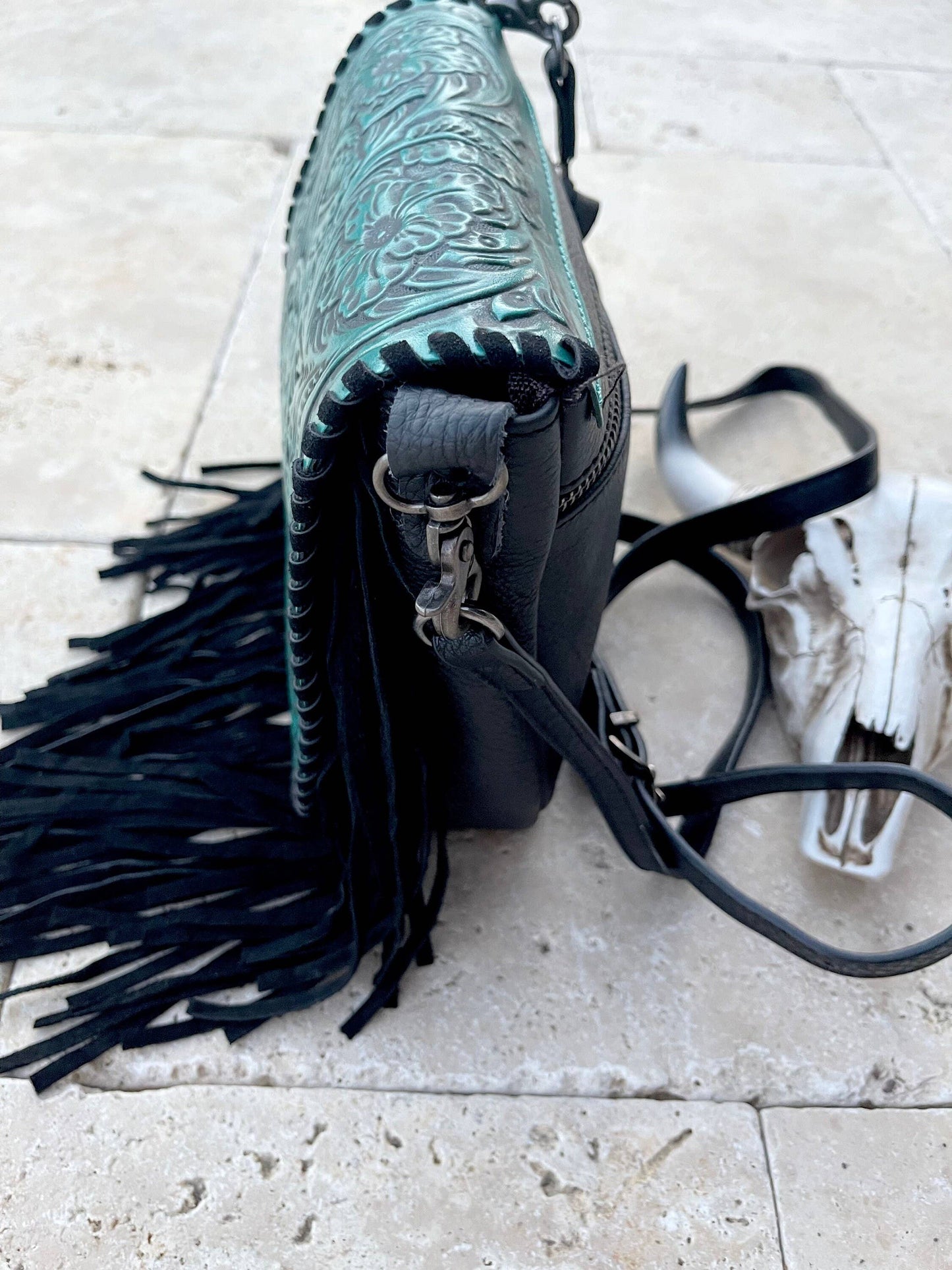 THE LEXIE CROSSBODY - TURQUOISE/ BLACK - Laser Cut Purse: MEDIUM