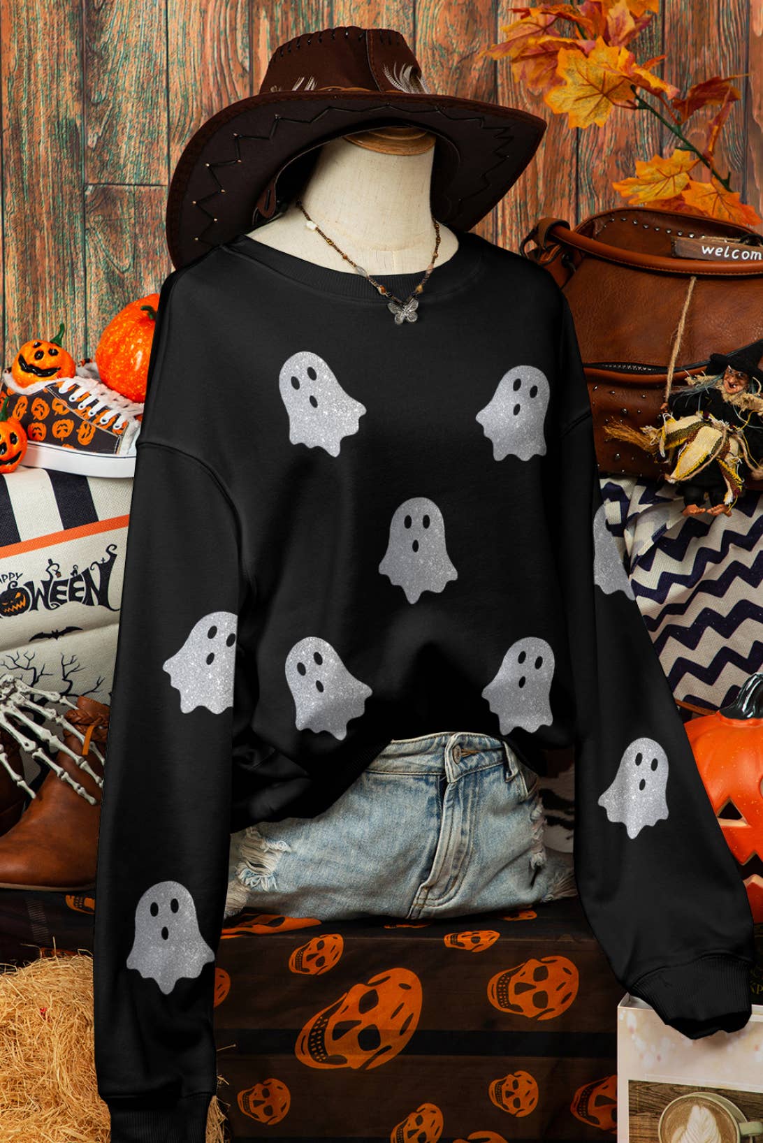 Fall Glitter Ghost Print Crew Neck Halloween Sweatshirt: As shown / Missy