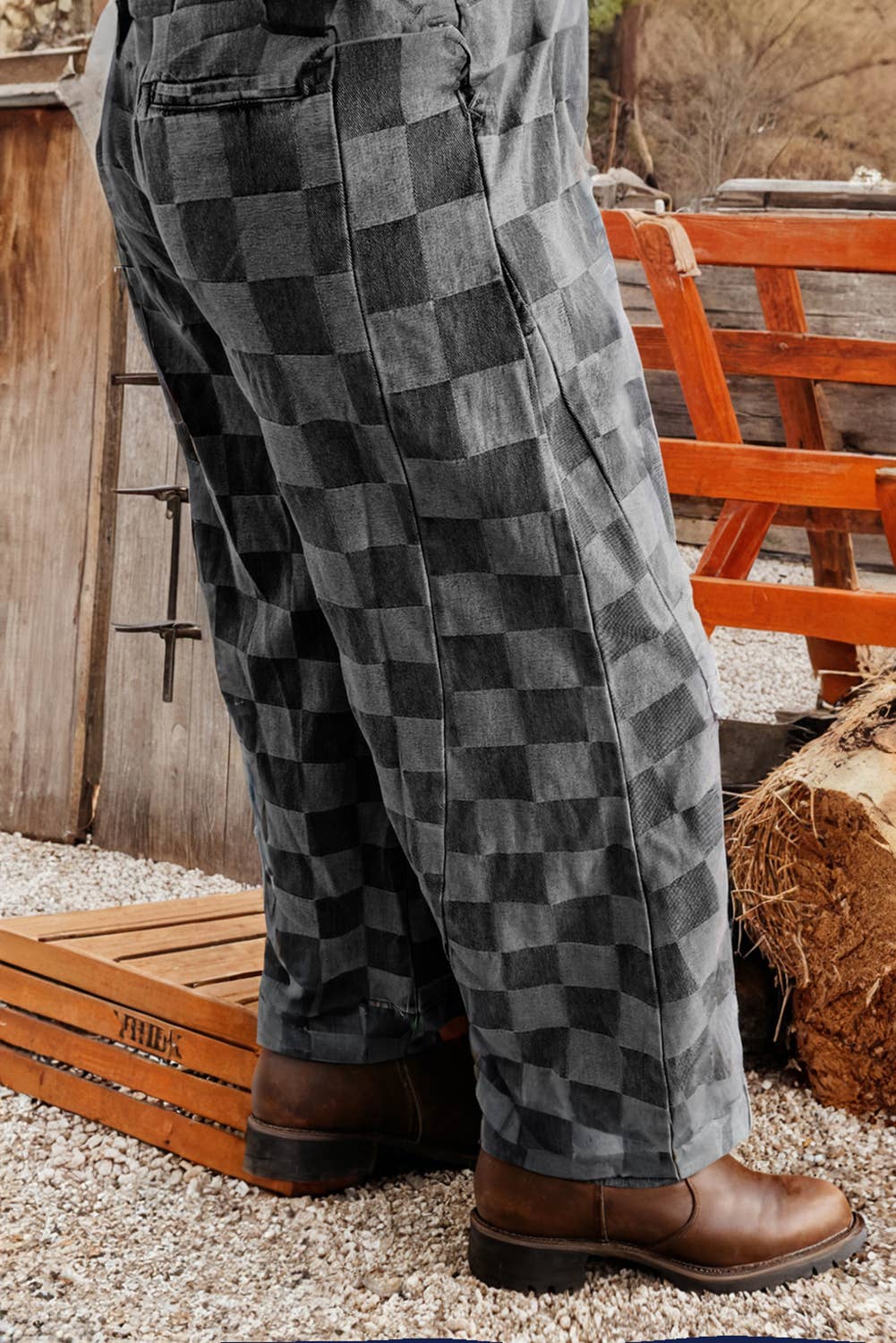 Fashion-W Checkered Denim Wide Leg Jeans