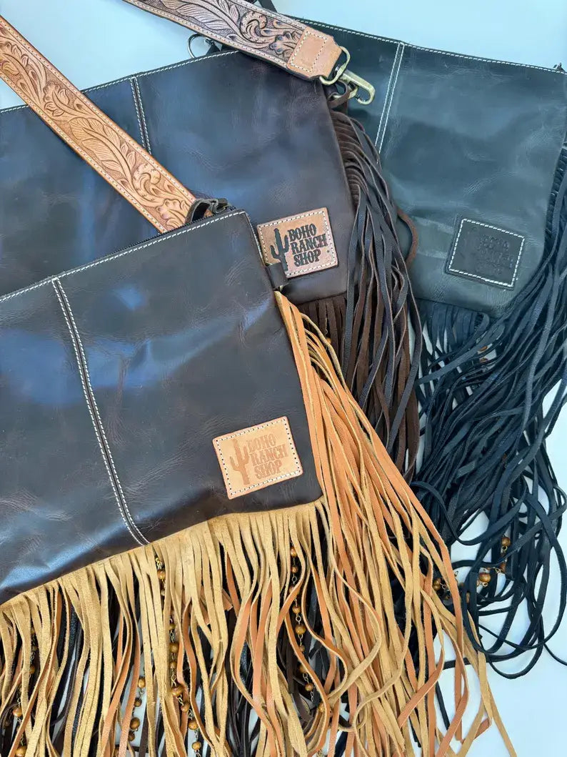 DIXIE CROSSBODY cowhide Western Tooled Leather fringe purse: TAN + WHITE COWHIDE