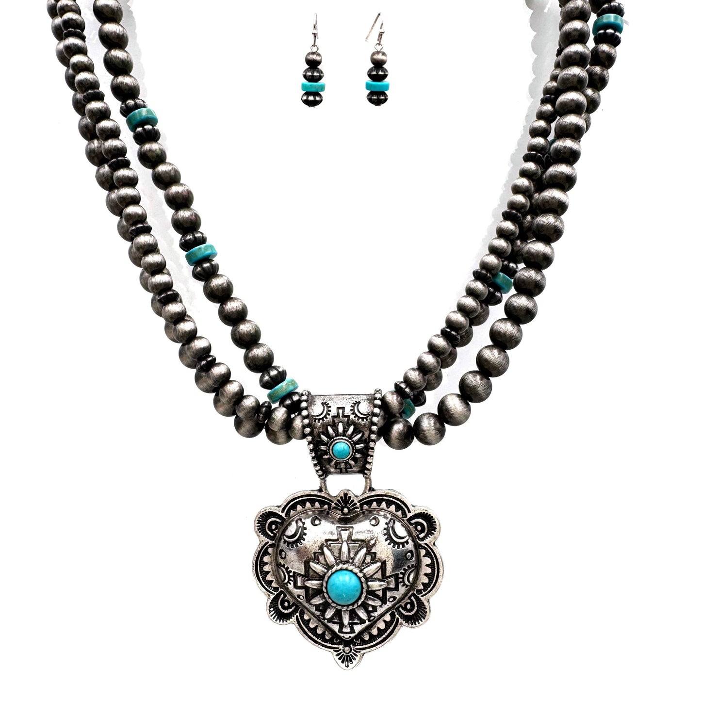 Silver Western Heart Navajo Turquoise Necklace Set