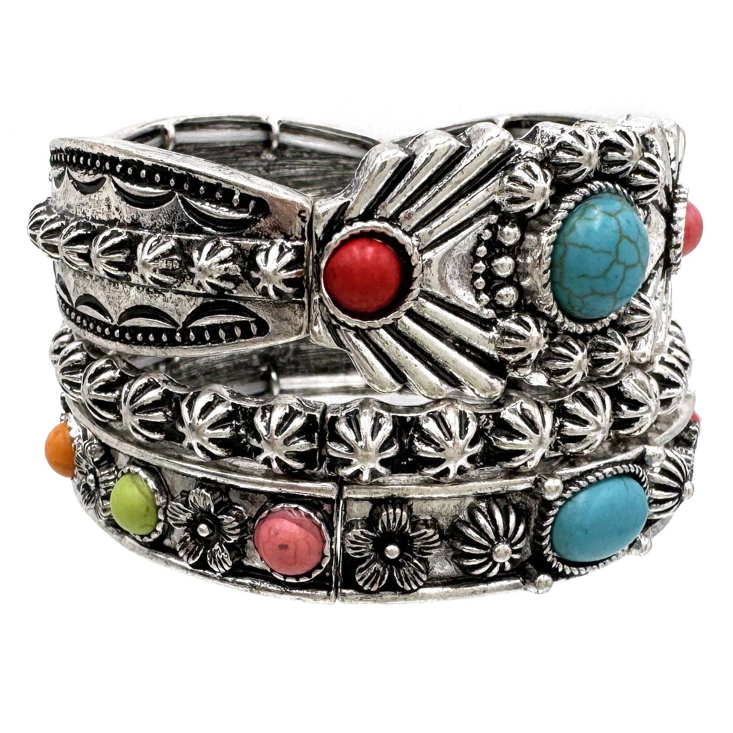 Turquoise Flower Three Piece Western Chunky Stretch Bracelet: Multi-Colored