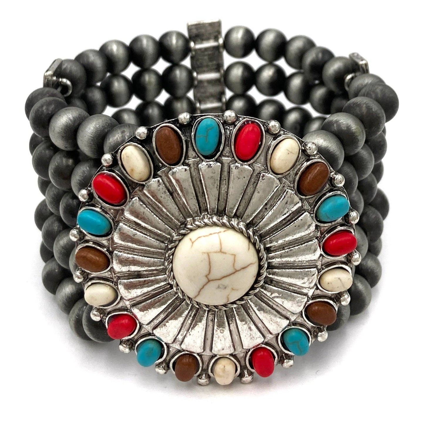 Metal Concho Western Trophy Buckle Chunky Beaded Bracelet: Silver