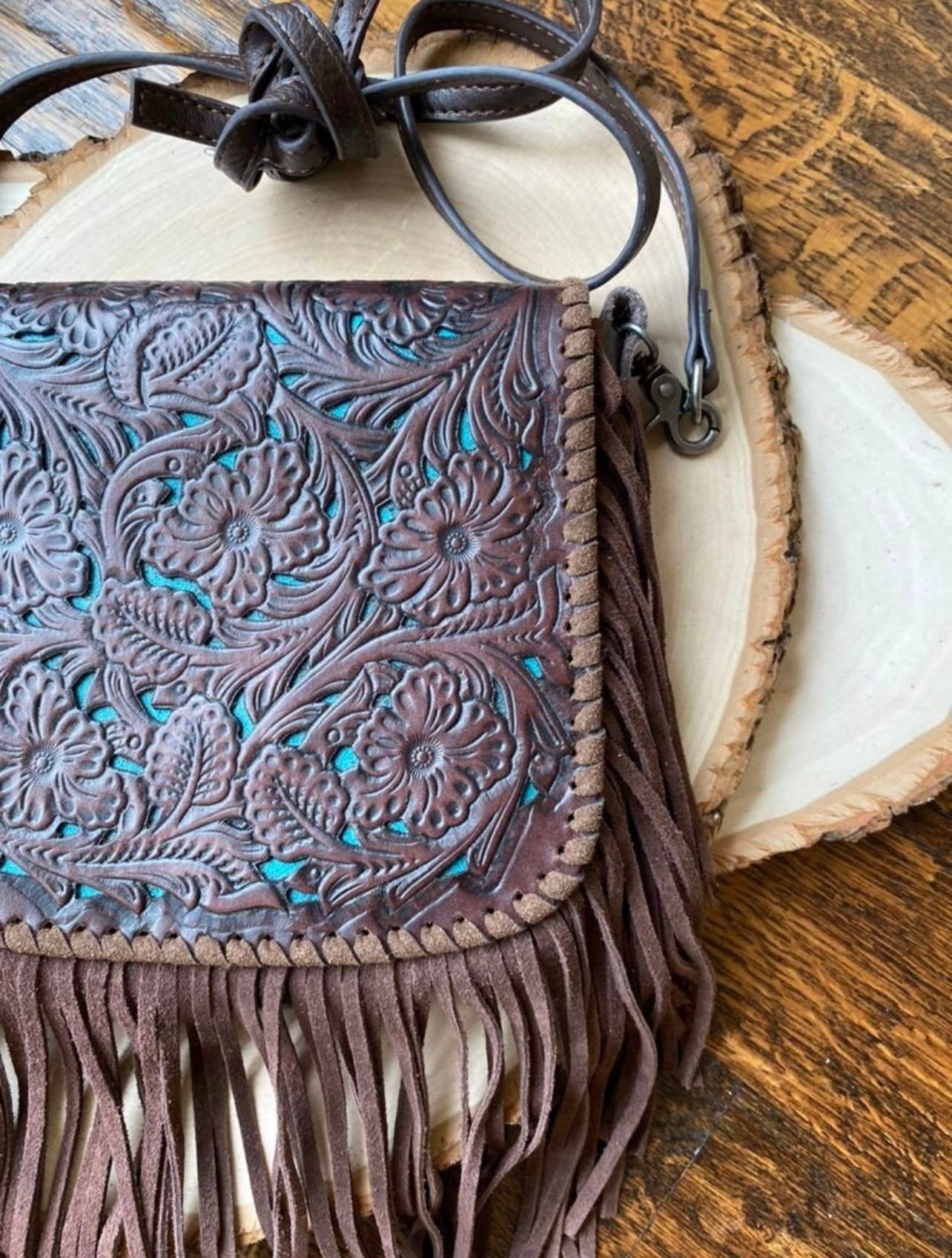 THE LEXIE CROSSBODY - BROWN + TURQUOISE - Laser Cut Purse: Medium