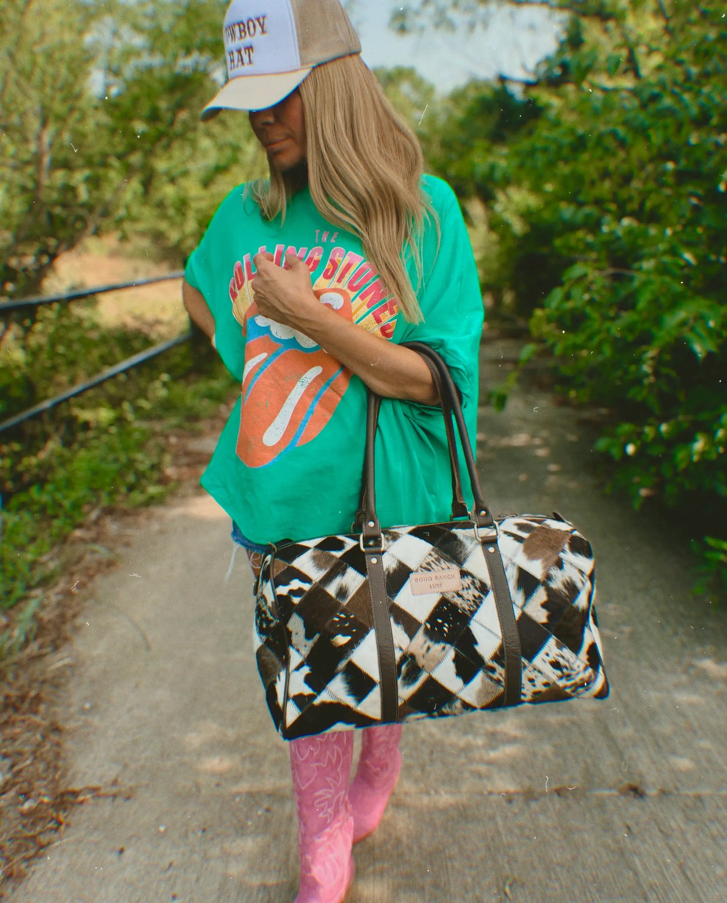 BOHO LUXE DUFFLE Weekender Leather HairOn Cowhide Travel Bag: Brown +White Cowhide