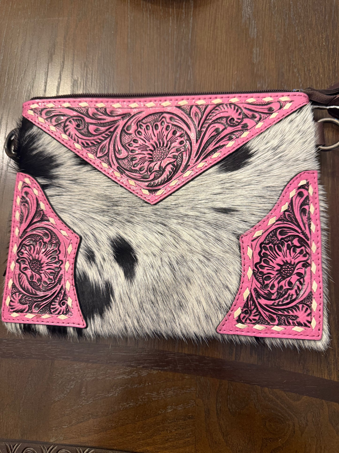 Pink Tooled Leather & Cowhide Crossbody Bag