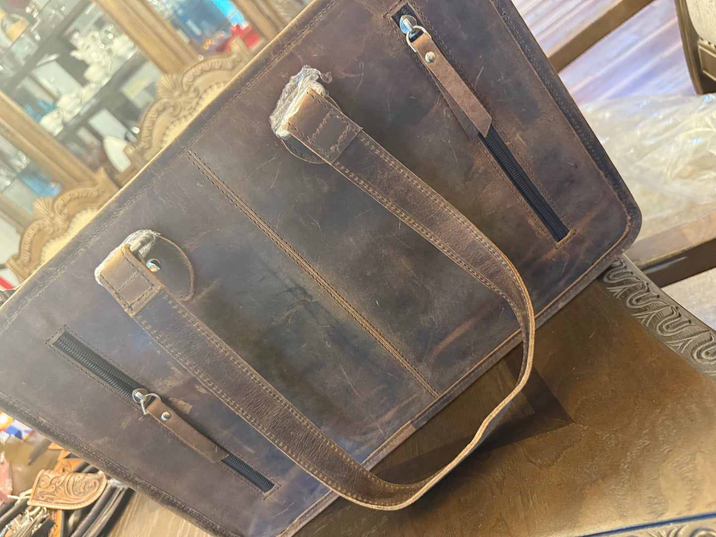 Tooled leather and cowhide tote bag