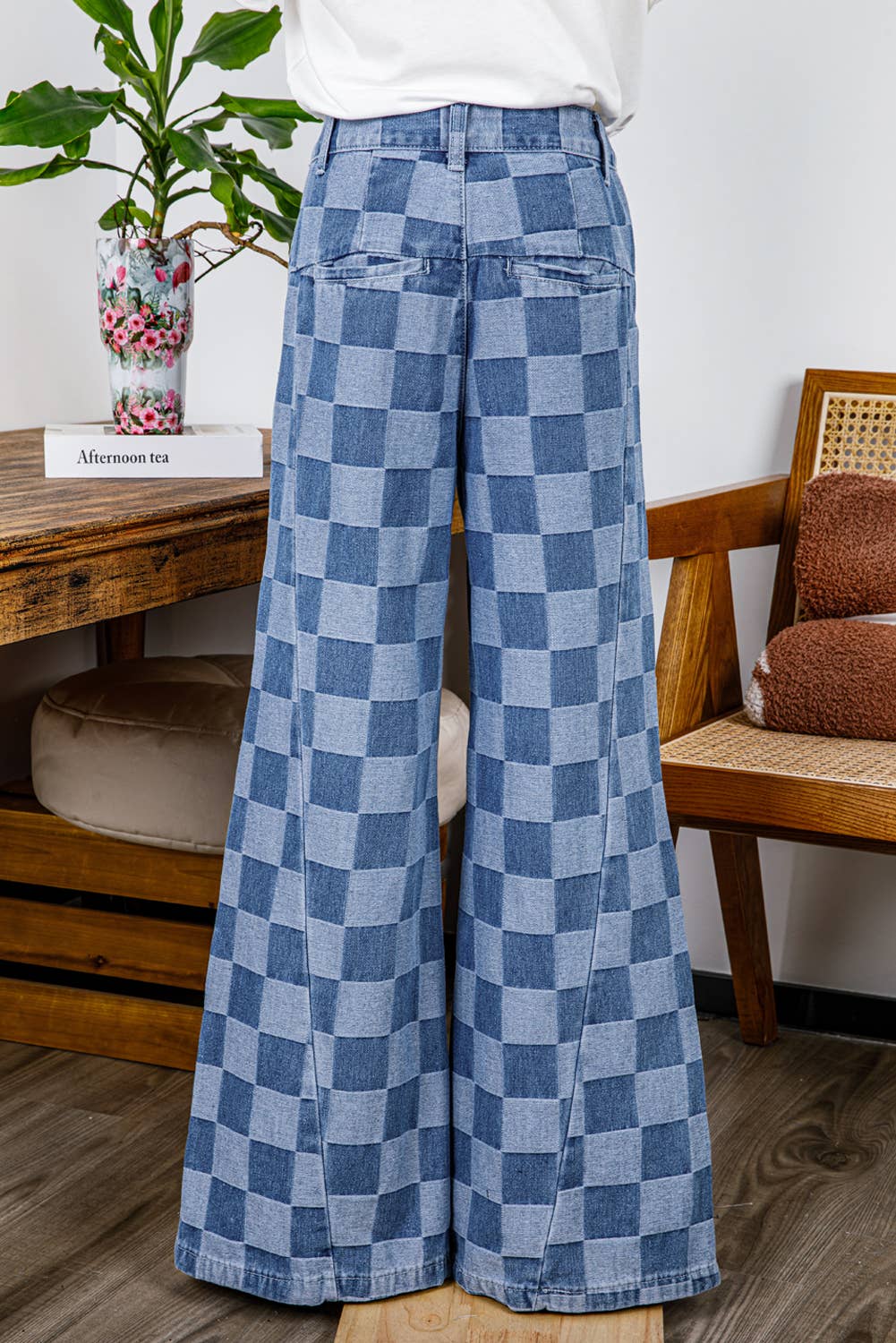 Fashion-W Checkered Denim Wide Leg Jeans