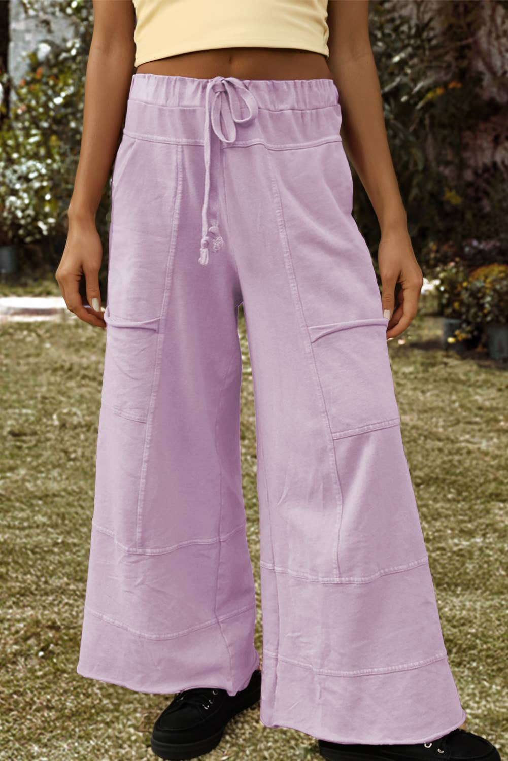 Fashion-W Mineral Wash Exposed Seam Drawstring Cargo Pants: Pink / Missy / M