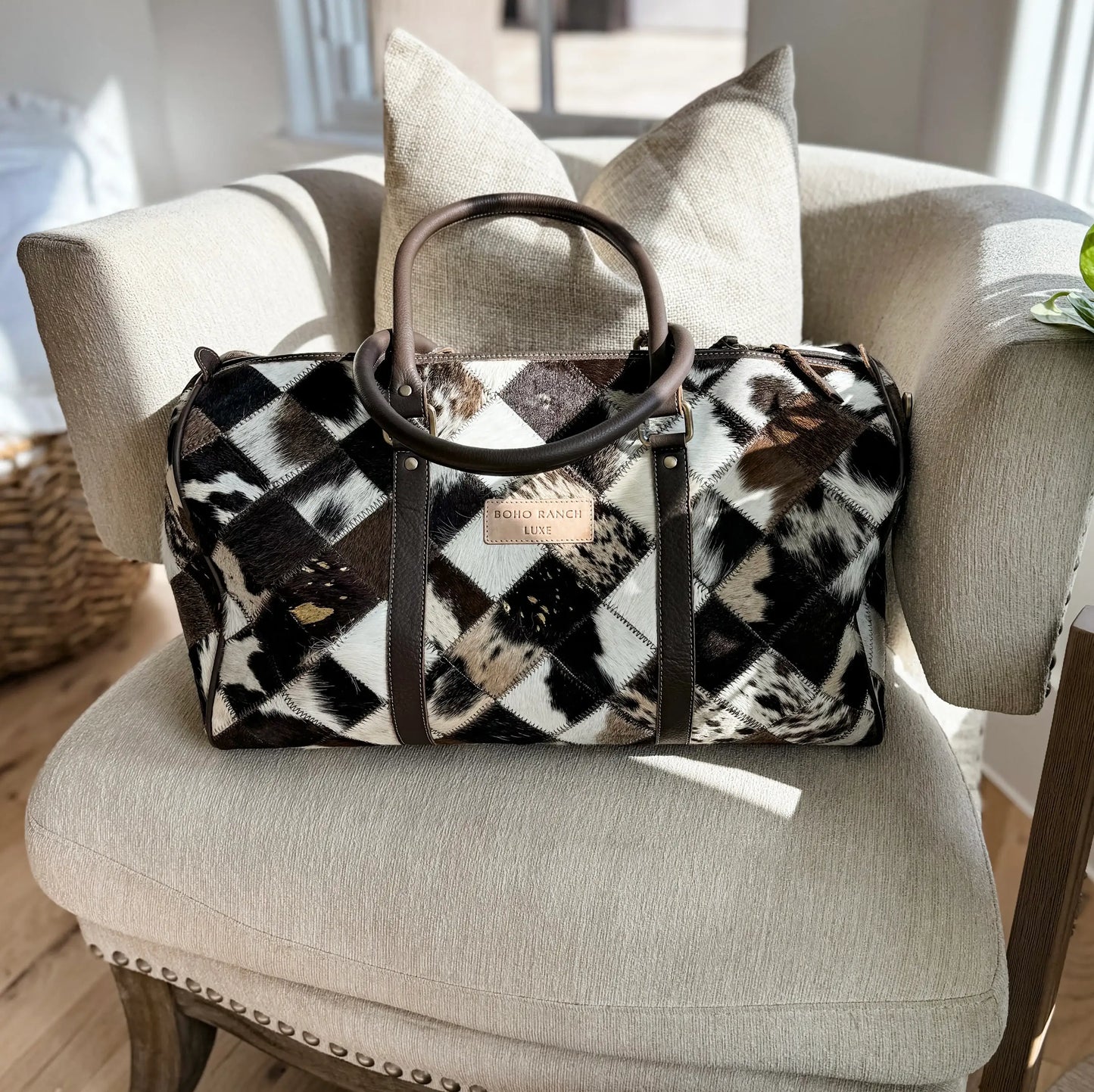 BOHO LUXE DUFFLE Weekender Leather HairOn Cowhide Travel Bag: Brown +White Cowhide