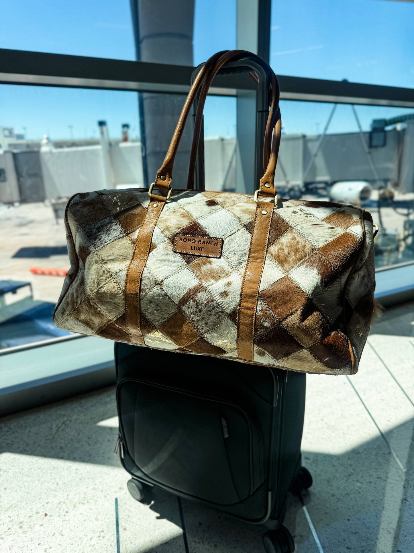 BOHO LUXE DUFFLE Weekender Leather HairOn Cowhide Travel Bag: Brown +White Cowhide