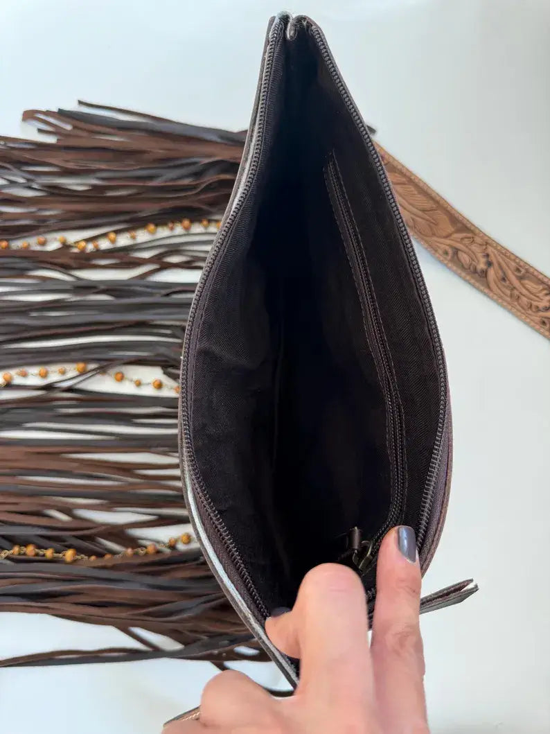 DIXIE CROSSBODY cowhide Western Tooled Leather fringe purse: TAN + WHITE COWHIDE