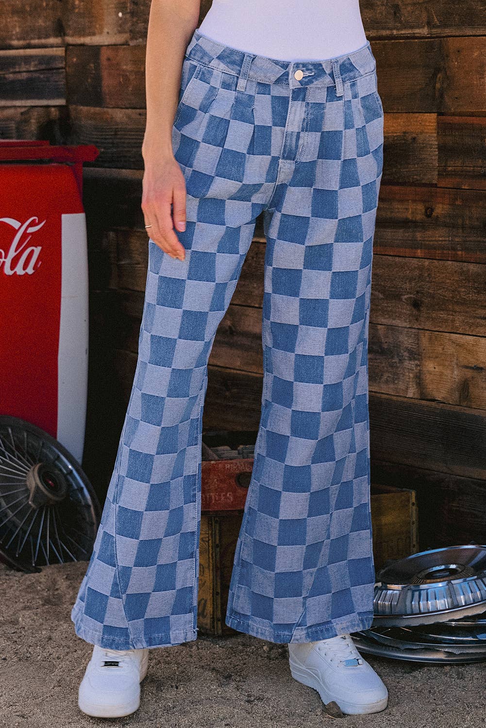 Fashion-W Checkered Denim Wide Leg Jeans