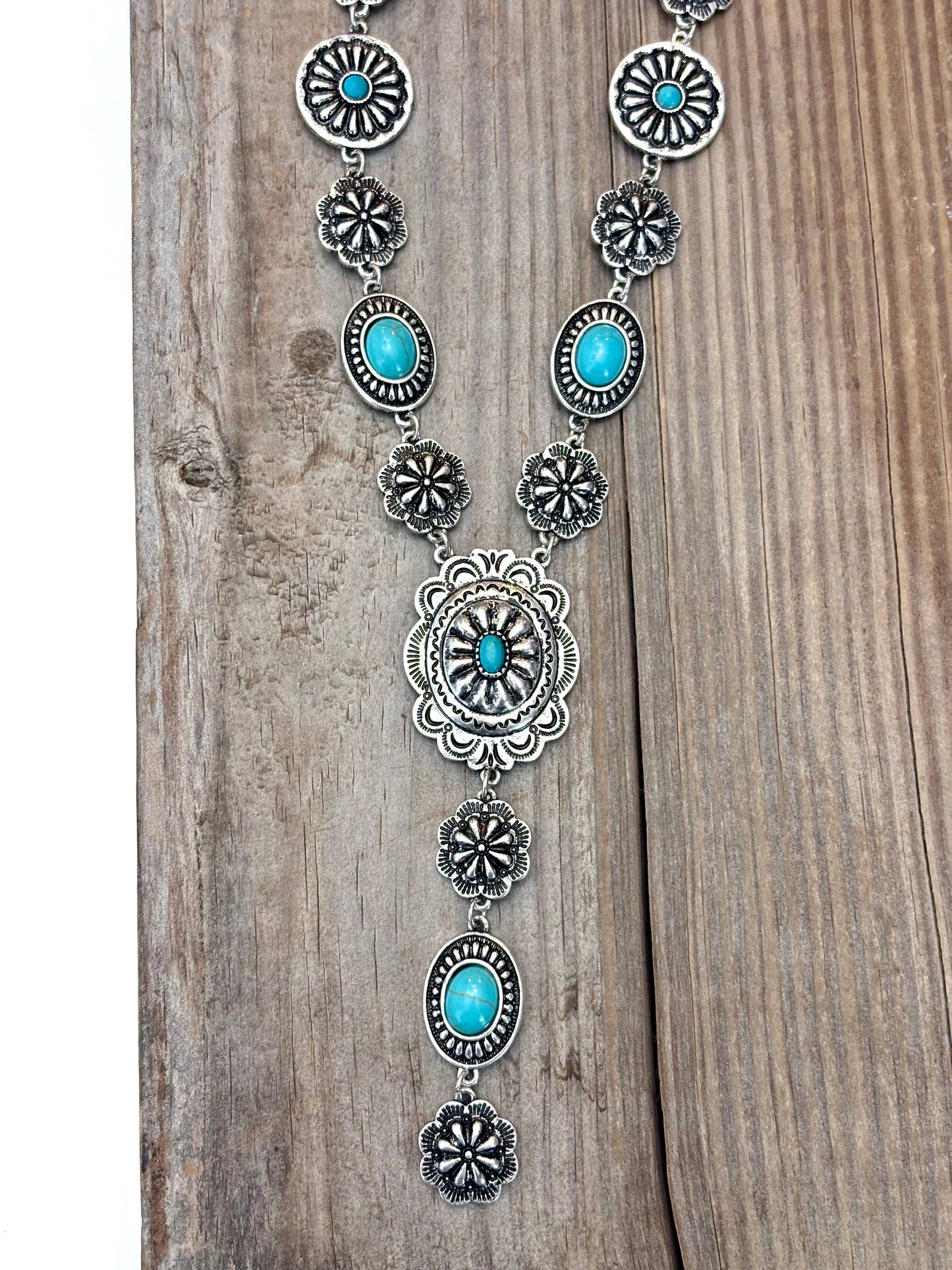 Turquoise Stone Western Flower Concho Y Drop Necklace