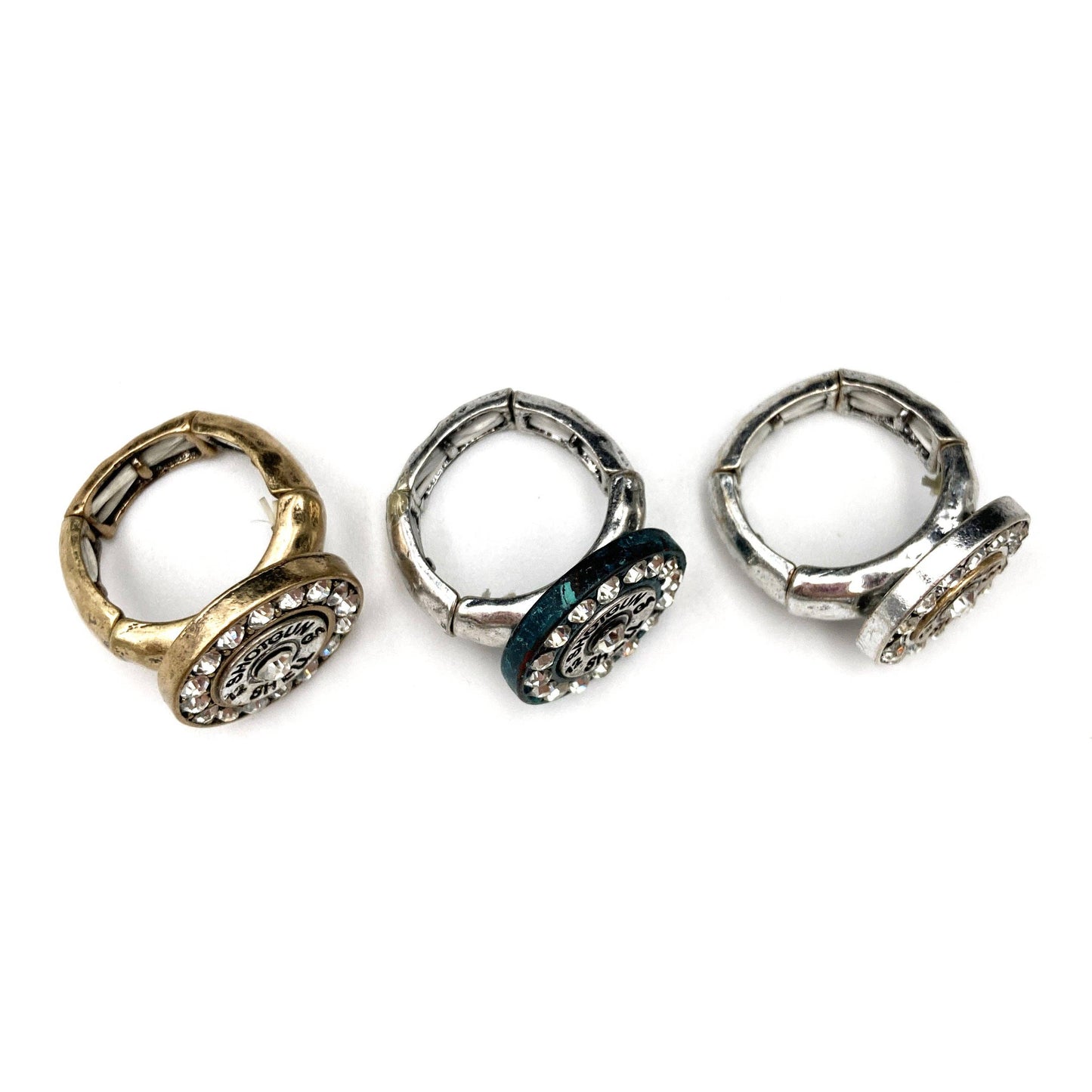 12 GA Shotgun Bullet Shell Rhinestone Stretch Ring: Patina
