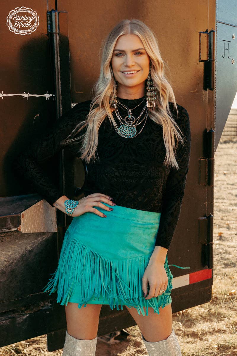 FORT WORTH FRINGE SKIRT TURQUOISE: L