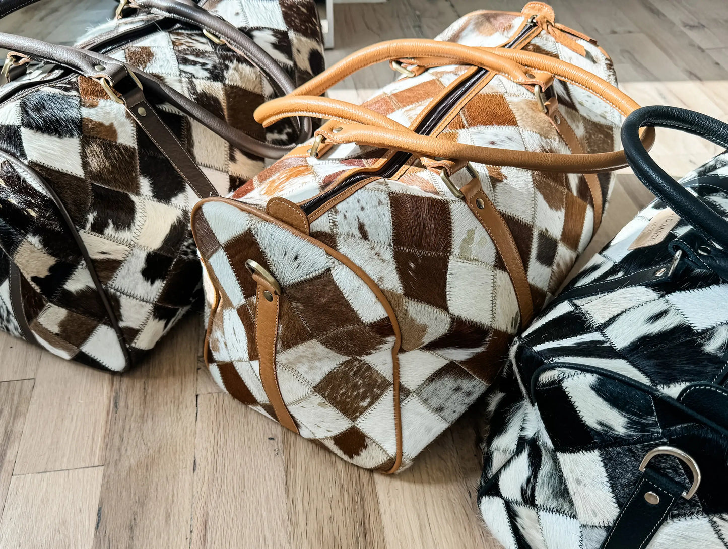 BOHO LUXE DUFFLE Weekender Leather HairOn Cowhide Travel Bag: Brown +White Cowhide