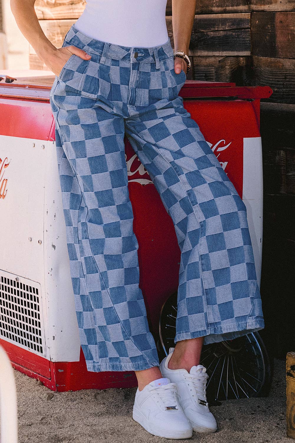 Fashion-W Checkered Denim Wide Leg Jeans