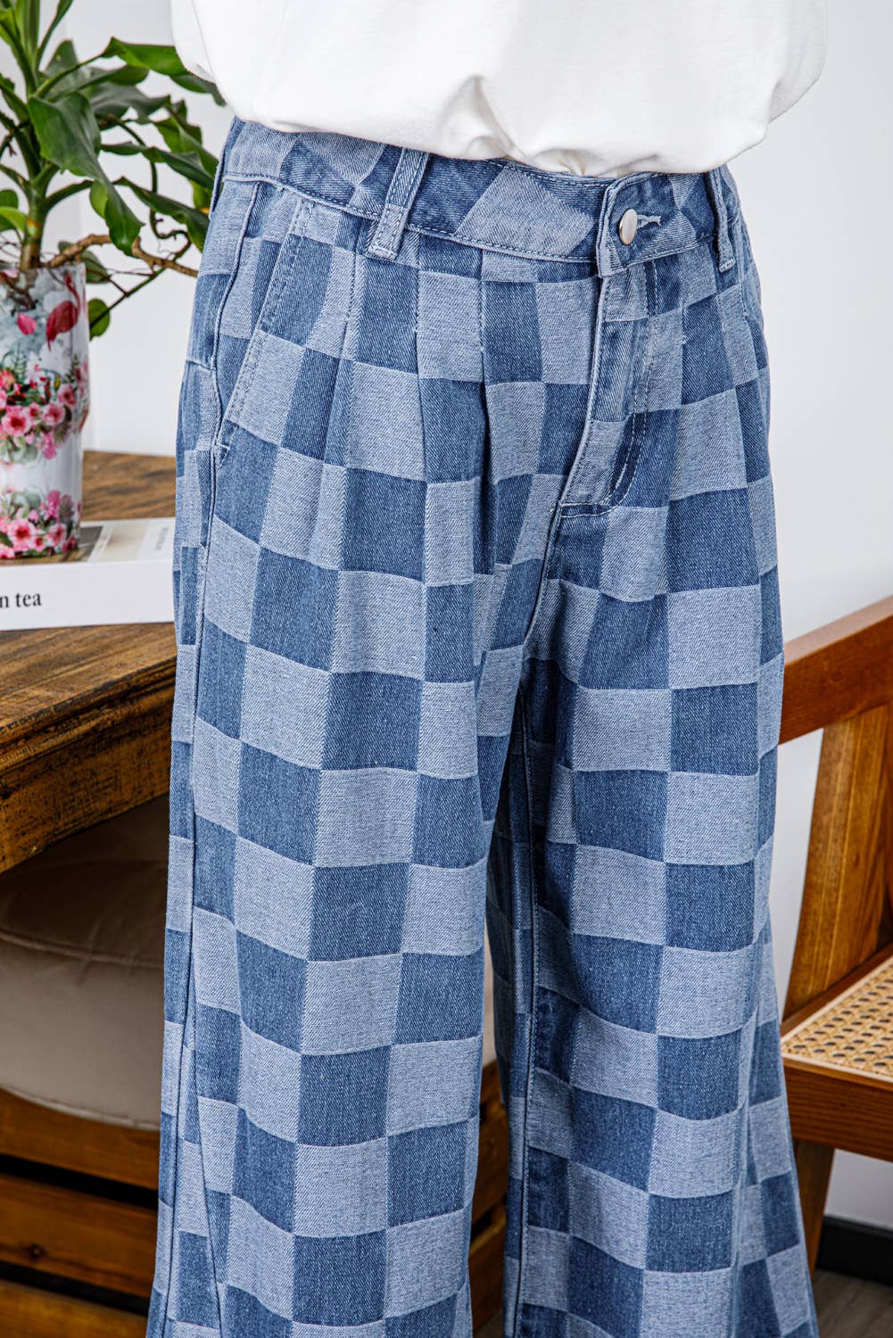 Fashion-W Checkered Denim Wide Leg Jeans