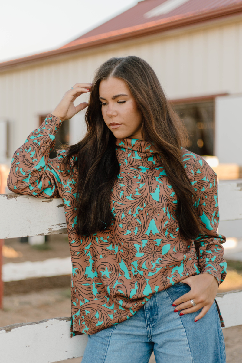 Turquoise Tooled mock neck: M