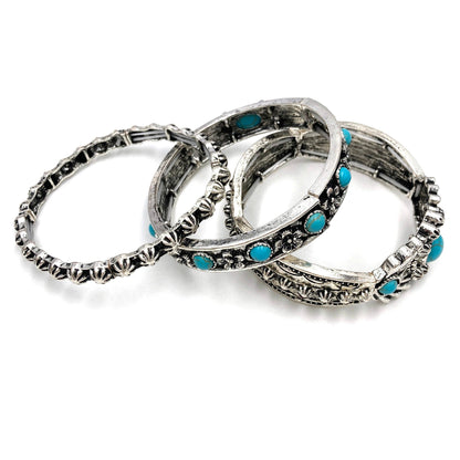 Turquoise Flower Three Piece Western Chunky Stretch Bracelet: Turquoise