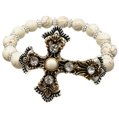 Roman Cross Turquoise Beads Stretch Bracelet: Gold