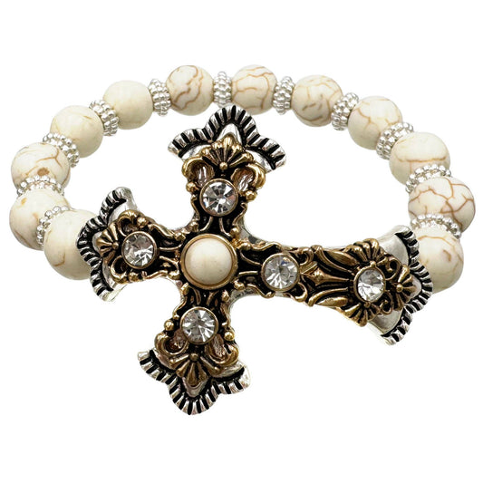 Roman Cross Turquoise Beads Stretch Bracelet: Gold